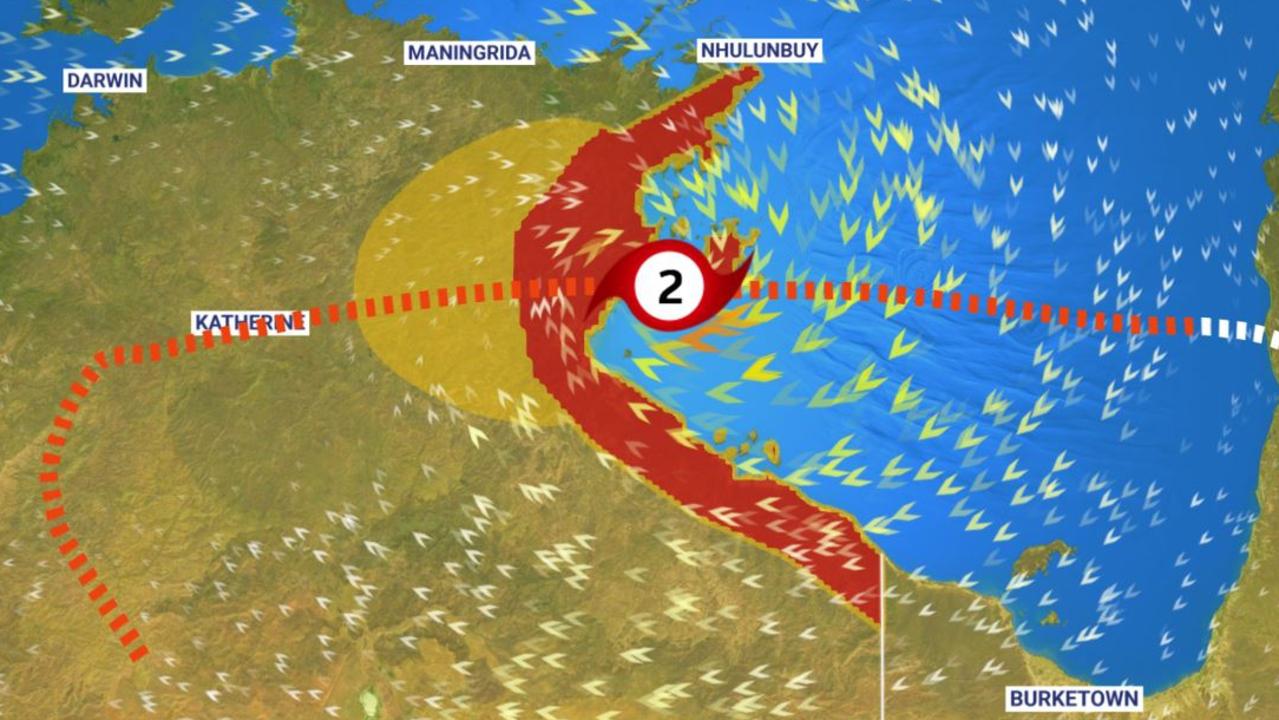 Tropical Cyclone Tiffany crossed into the Top End on Wednesday morning and is headed towards Katherine. On Wednesday lunchtime it was a category 1 storm. Picture: Sky News Weather