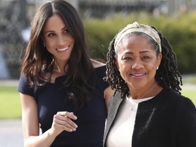 Meghan Markle, left and her mother, Doria Ragland, arrive at Cliveden House Hotel, in Berkshire, England. Picture: AP