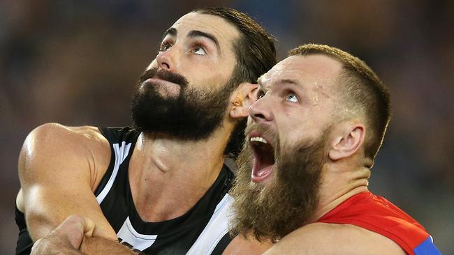 AFL Round 12. 10/06/2019. Big Freeze 5. Collingwood vs Melbourne at the MCG.  Melbourne's Max Gawn  and Collingwood's Brodie Grundy  battle  .  Pic: Michael Klein