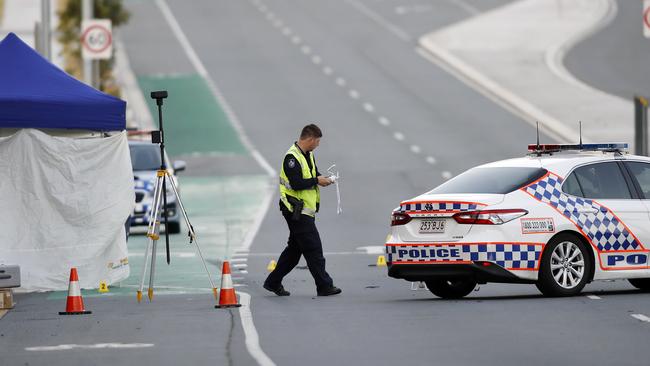 Emergency services pictured at a fatal pedestrian accident on the intersection of Wembley Road and Greenfern Drive, Browns Plains. Picture: Josh Woning.