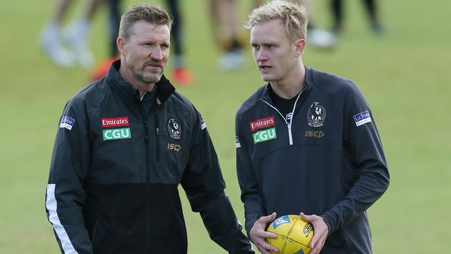 Collingwood coach Nathan Buckley has gone in to bat for banned Pie Jaidyn Stephenson over his holiday snaps. Picture: Michael Klein