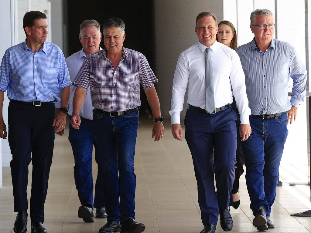 Premier Steven Miles, Deputy Premier Cameron Dick, Housing Minister Meaghan Scanlon, resources minister Scott Stewart and two Townsville MPs on day one of the campaign. Picture: Adam Head