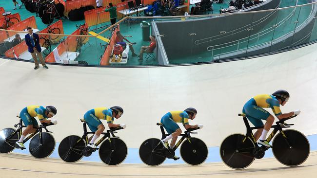 The Australian men’s team pursuit team of Alex Edmondson, Michael Hepburn, Jack Bobridge, and Sam Welsford.