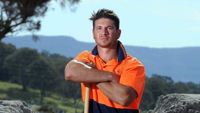 Former Penrith player Adam Docker. He is a plumber now working with the Shellharbour Sharks as his knee was so injured he couldn't keep playing NRL. Pictured on site at an Albion Park subdivision. Photographer: Simon Bullard.