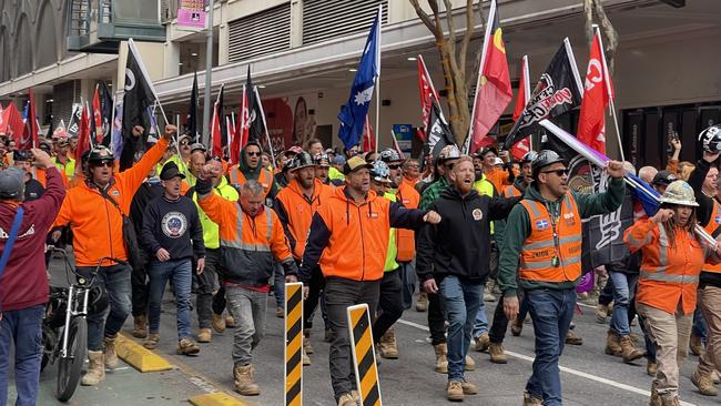 CFMEU workers march in the Brisbane CBD on Wednesday morning. Picture: Steve Pohlner