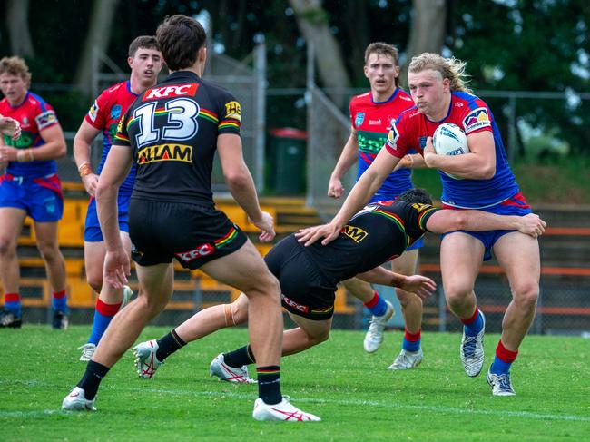 Myles Martin looks dangerous with the ball. Picture: Thomas Lisson. NSWRL Junior Reps Finals week two - SG Ball Cup Newcastle Knights vs Penrith Panthers at Leichhardt Oval, 22 April 2023.