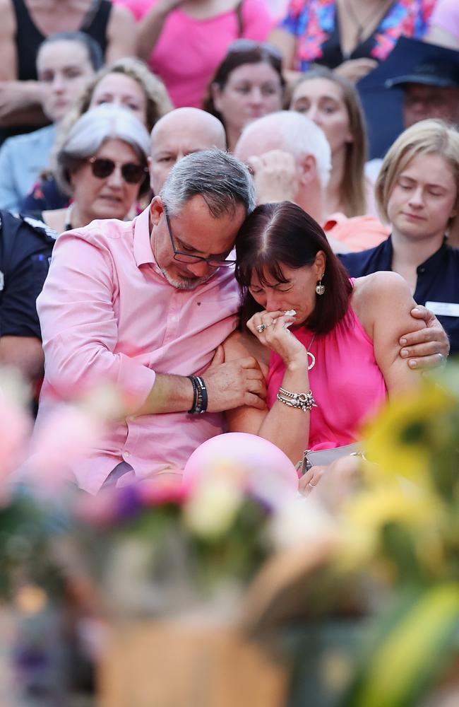 Lloyd and Suzanne Clarke attend a vigil for their murdered daughter Hannah Clarke and her three children. Picture: Jono Searle.