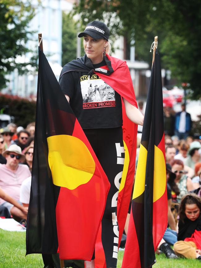 Emerenna Burgess at the Change the Date/Invasion Day rally on Parliament Lawns, Hobart. Picture: Nikki Davis-Jones