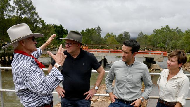 Member for Kennedy Bob Katter with the PM Anthony Albanese, Premier David Crisafulli and Minister for Emergency Management Jenny McAlister. Picture: Evan Morgan