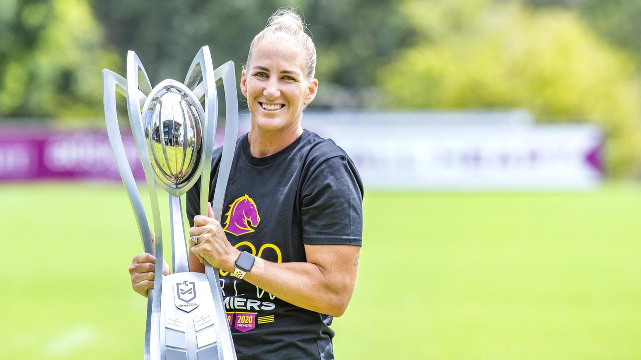 Ipswich and Broncos captain Ali Brigginshaw with the NRLW Premiership Trophy won by her team again this year. Picture: Richard Walker