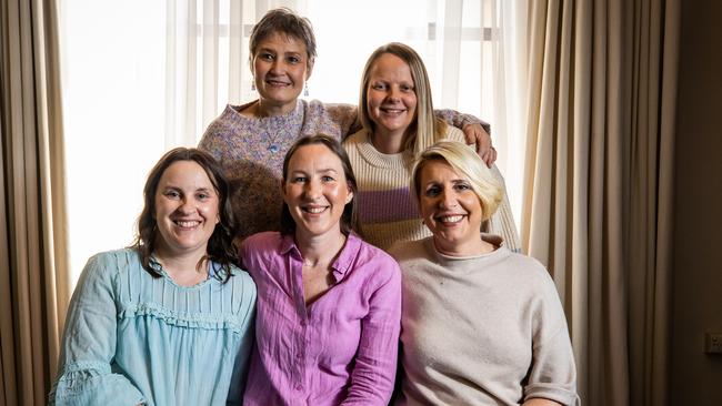 SA Weekend Women With Cancer: (Back) Lee Hutton and Jessica Marechal (Front) Naomi Hubbard, Anne Horstmann and  Kate Hitchin on July 24th, 2024, at the Cancer Care Centre in Frewville.Picture: Tom Huntley