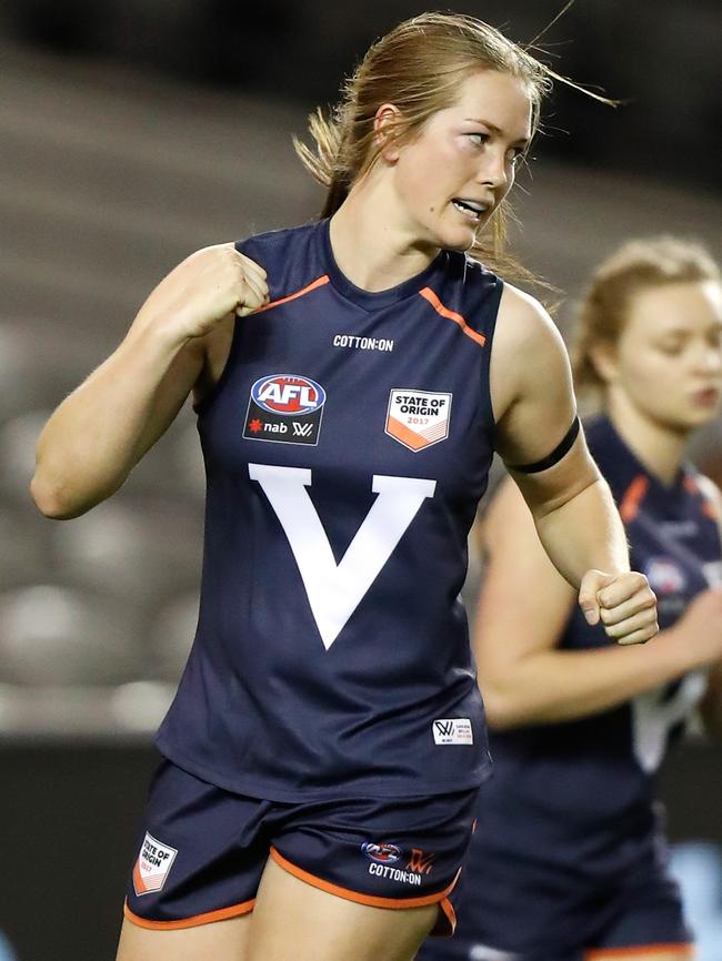 Eden Zanker celebrates a goal for Victoria.