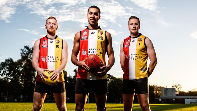 Goodwood Saints players Josh Slape, Benny Holzbauer and Lou Whitelock at Goodwood Oval. Picture: Matt Turner.