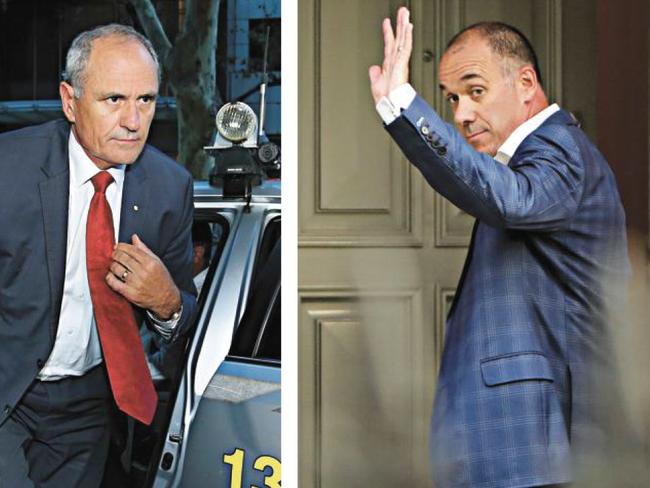 NAB Chairman Ken Henry, left, arrives at ABC studios in Sydney tonight and the bank's chief executive Andrew Thorburn at his home in Melbourne. Pictures: Britta Campion, Stuart McEvoy