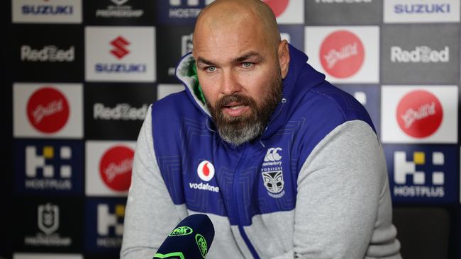 SYDNEY, AUSTRALIA - JUNE 26: Warriors interim head coach Todd Payten speaks to media in the post match press conference during the round seven NRL match between the Melbourne Storm and the New Zealand Warriors at Netstrata Jubilee Stadium on June 26, 2020 in Sydney, Australia. (Photo by Mark Metcalfe/Getty Images)