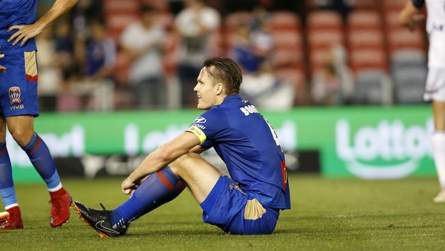 Newcastle captain Nigel Boogaard reacts after the Jets’ loss to Melbourne Victory on Saturday. Picture: AAP