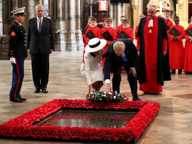 US President Donald Trump and Melania Trump lay a wreath at the Grave of the Unknown Warrior during their visit to Westminster Abbey. Picture: Getty