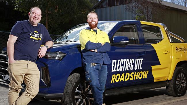 Ben Lever and Electrician Jacob Kennedy with an electric LDV eT60, the only electric ute currently on sale in Australia. Picture: Tim Hunter.