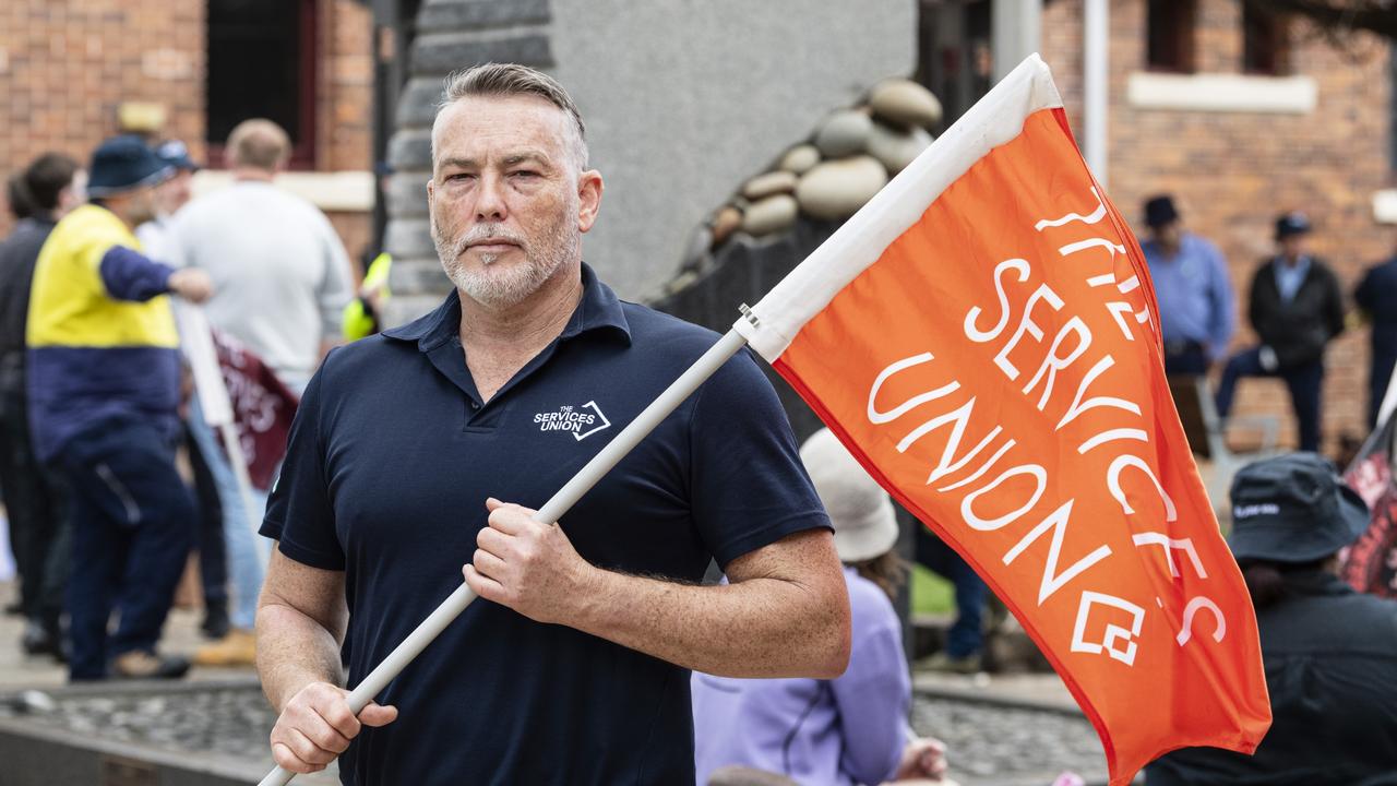 The Services Union senior organiser John Denny at a stop-work meeting outside city hall to protest against Toowoomba Regional Council, Tuesday, August 20, 2024. Picture: Kevin Farmer