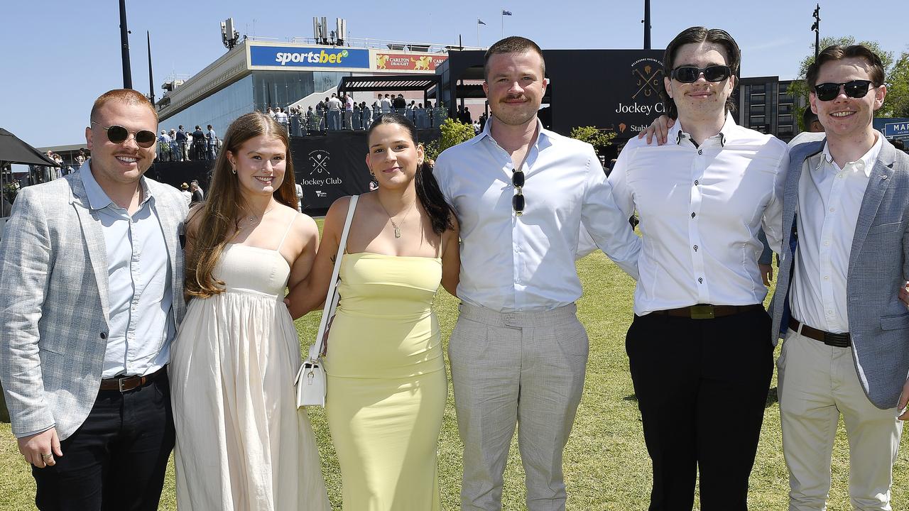 Caulfield Guineas horse race meeting, Caulfield, Victoria, Saturday 12th October 2024. Faces in the crowd. Pictured enjoying the race meeting are Jackson, Caitlin, Mia, Sam, Riley and Mitch. Picture: Andrew Batsch