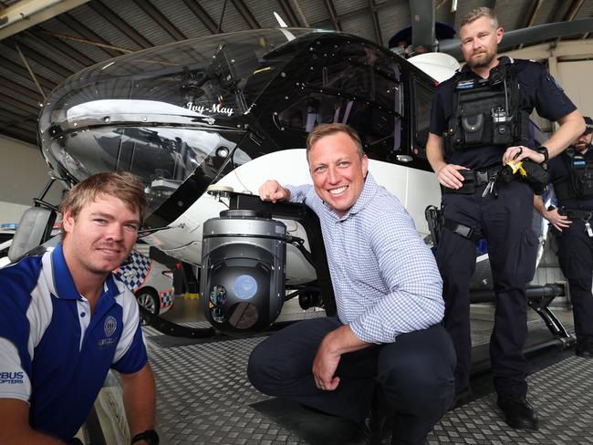 Premier Steven Miles in Townsville with the new Old Police Helicopter at Townsville Airport.