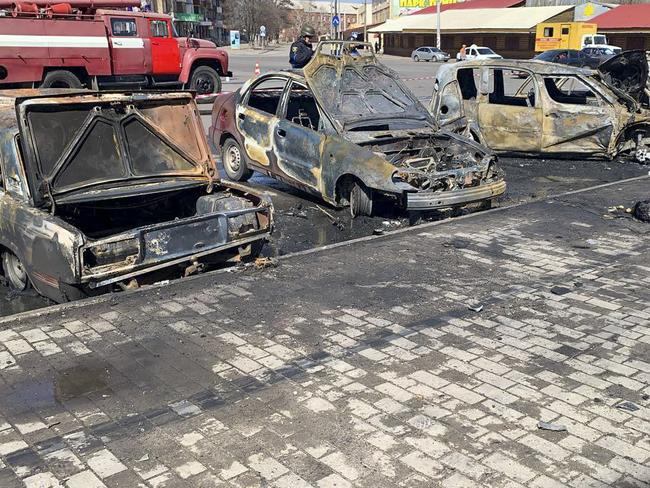 Burntout vehicles after a rocket attack on the railway station in the eastern city of Kramatorsk. Picture: AFP