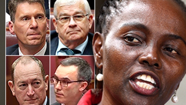 Senator Lucy Gichuhi (right) with (clockwise from top left) Cory Bernardi, Brian Burston, Tim Storer and Fraser Anning.