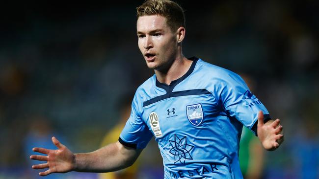 Harry Van der Saag of Sydney celebrates scoring a goal during the Round 20 A-League match between the Central Coast Mariners and the Sydney FC at Central Coast Stadium in Gosford, Sunday, February 23, 2019. (AAP Image/Brendon Thorne) NO ARCHIVING, EDITORIAL USE ONLY