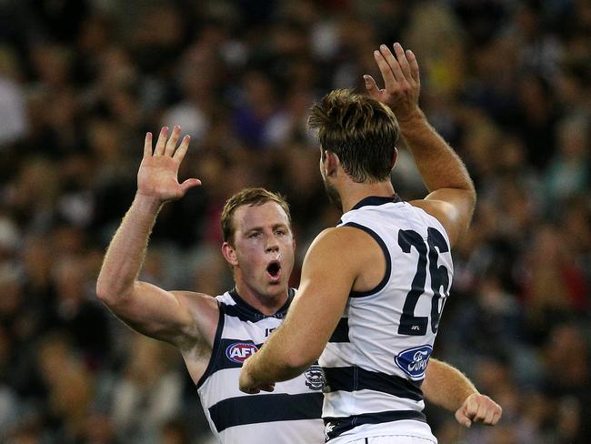 Tom Hawkins and Steve Johnson celebrate a goal. Picture: George Salpigtidis