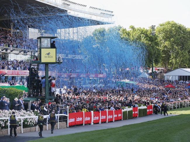 Memorable: Streamers fly from the stand after Winx’s wins her third Cox Plate. Picture: Getty Images