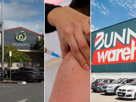 A collage for a story about people getting covid-19 jabs at their local woolies and Bunnings stores