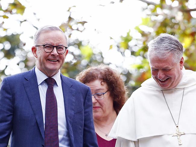 FEDERAL ELECTION 2022. LABOR BUS TOUR.Anthony Albanese visits St MaryÃs Catherderal School in Sydney today where he used to go as a child. Arriving with Archbishop Anthony Fisher. Picture: Sam Ruttyn