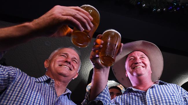 Barnaby Joyce and Prime Minister Malcolm Turnbull finally have some reasons to celebrate. Picture: AAP Image/Tracey Nearmy