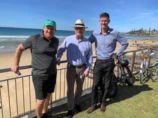 Bicycle Queensland advocacy and policy manger Andrew Demack, Sunshine Coast Council mayor Mark Jamieson and Transport and Main Roads Minister Mark Bailey meet to announce the next stage of the Mooloolaba to Maroochydore Cycleway. Picture: Eden Boyd