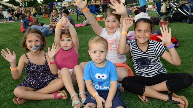 Charlotte Da Silva, 5, Olivia Tobin, 3, Zavier Da Silva, 2, Claudia Tobin, 7, and Isabella Da Silva, 8, at North Ipswich Reserve for New Year’s Eve 2014. Picture: David Nielsen