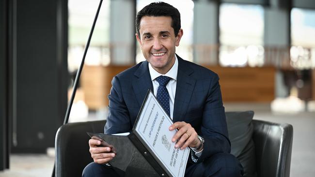 New QLD Premier and LNP leader, David Crisafulli, with the official Premiers Portfolio of in coming government briefs that he is working through, in the foyer of 1 William st, the QLD Government offices, Brisbane. Picture: Lyndon Mechielsen / The Australian