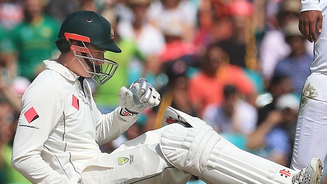 Matt Renshaw is dazed after being hit on the head against Pakistan last year. Picture: Mark Evans