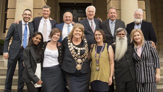 The new Hobart City Council that was sworn in at a ceremonial reception at the Town Hall. Lord Mayor Anna Reynolds gave her welcome address to the new and re-elected aldermen, front, from left, Zelinda Sherlock, Holly Ewin, Ald Reynolds, Helen Burnet, Mike Dutta, Tanya Denison and, from back left, Simon Behrakis, Peter Sexton, Marti Zucco, Damon Thomas, Jeff Briscoe and Bill Harvey. Picture: EDDIE SAFARIK