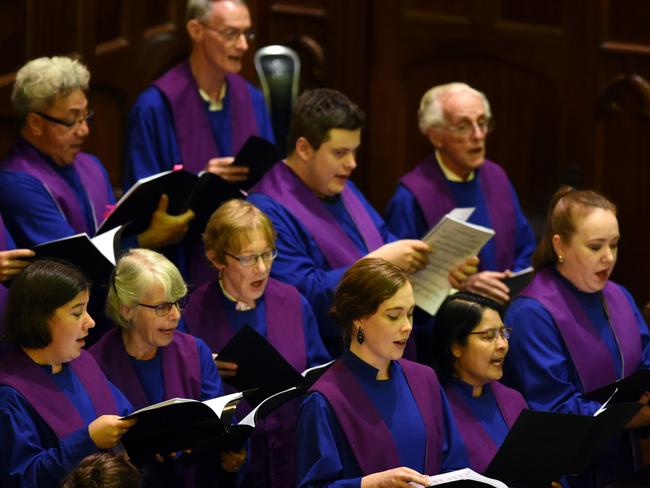 A choir sings at St Stephen’s Uniting Church in Sydney on December 15, 2016, during a public memorial for the two-year anniversary of the Lindt Cafe siege. Picture: AAP Image/Paul Miller