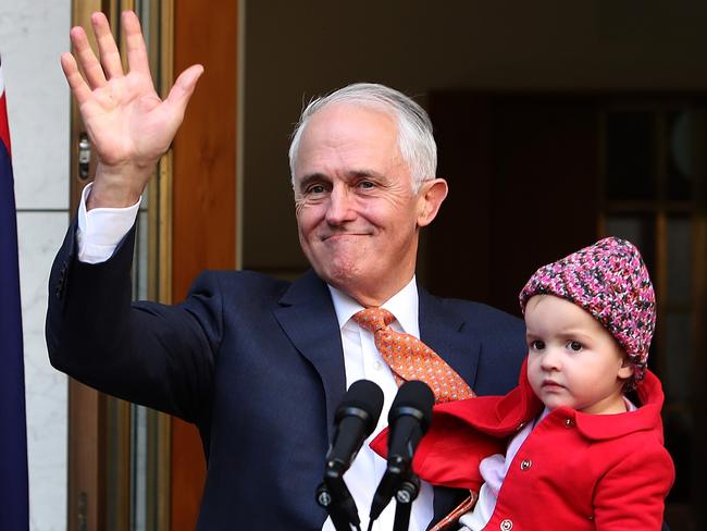 Former prime minister Malcolm Turnbull, pictured with his granddaughter Alice, left the Liberal Party in ruins, Piers Akerman says. Picture: Kym Smith