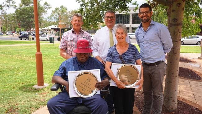 Councillor Glen Auricht, Mayor Damien Ryan, Deputy Mayor Matt Paterson with community members Adrian Robertson and Joyce Bowden. Picture: Supplied