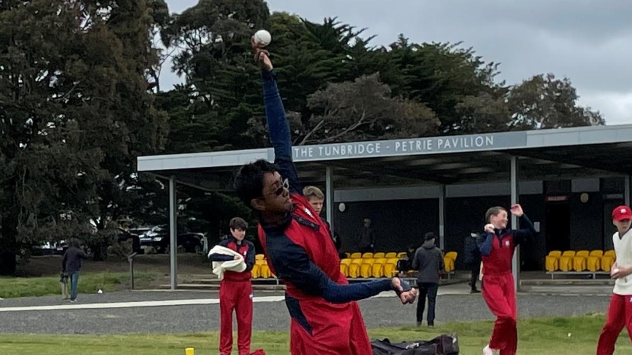 Nameer Rahman runs into bowl for South Australia. Picture: Shane Jones.