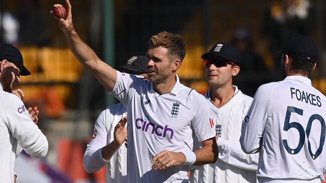 James Anderson in March holds up the ball after dismissing Kuldeep Yadav and taking his 700th Test wicket Picture: Getty Images