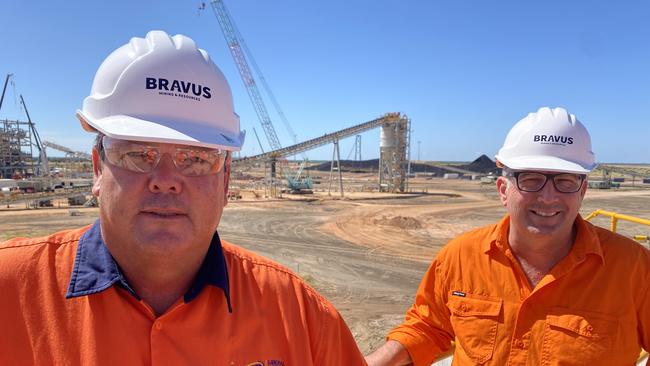 Dawson LNP candidate Andrew Willcox (left) and Resources Minister Keith Pitt visit the Bravus thermal coal mine northwest of Clermont on March 21. Thermal coal prices have escalated in recent months and the war in the Ukraine has added to the frenzy. Picture: Contributed