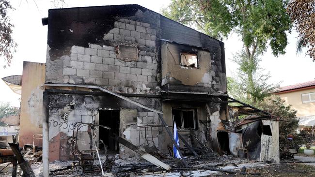 A burnt house in the Israeli Kibbutz Beeri along the border with the Gaza Strip, in the aftermath of a Palestinian militant attack on October 7. Picture: AFP