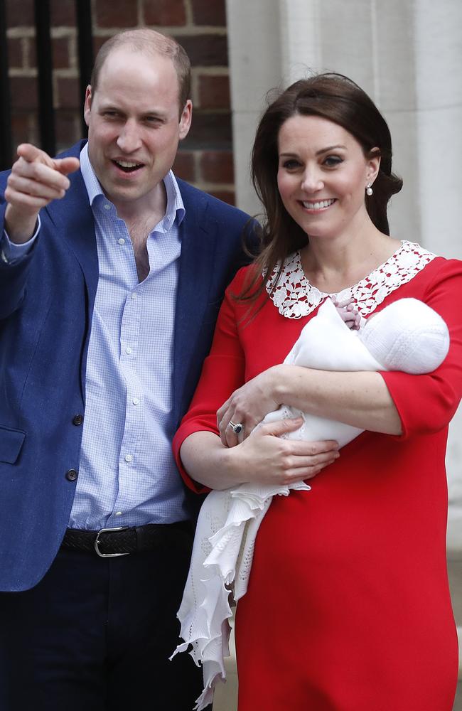 Kate’s red dress with white collar appeared to be a homage to the outfit Princess Diana wore after she gave birth to Prince Harry. Picture: AP Photo/Frank Augstein