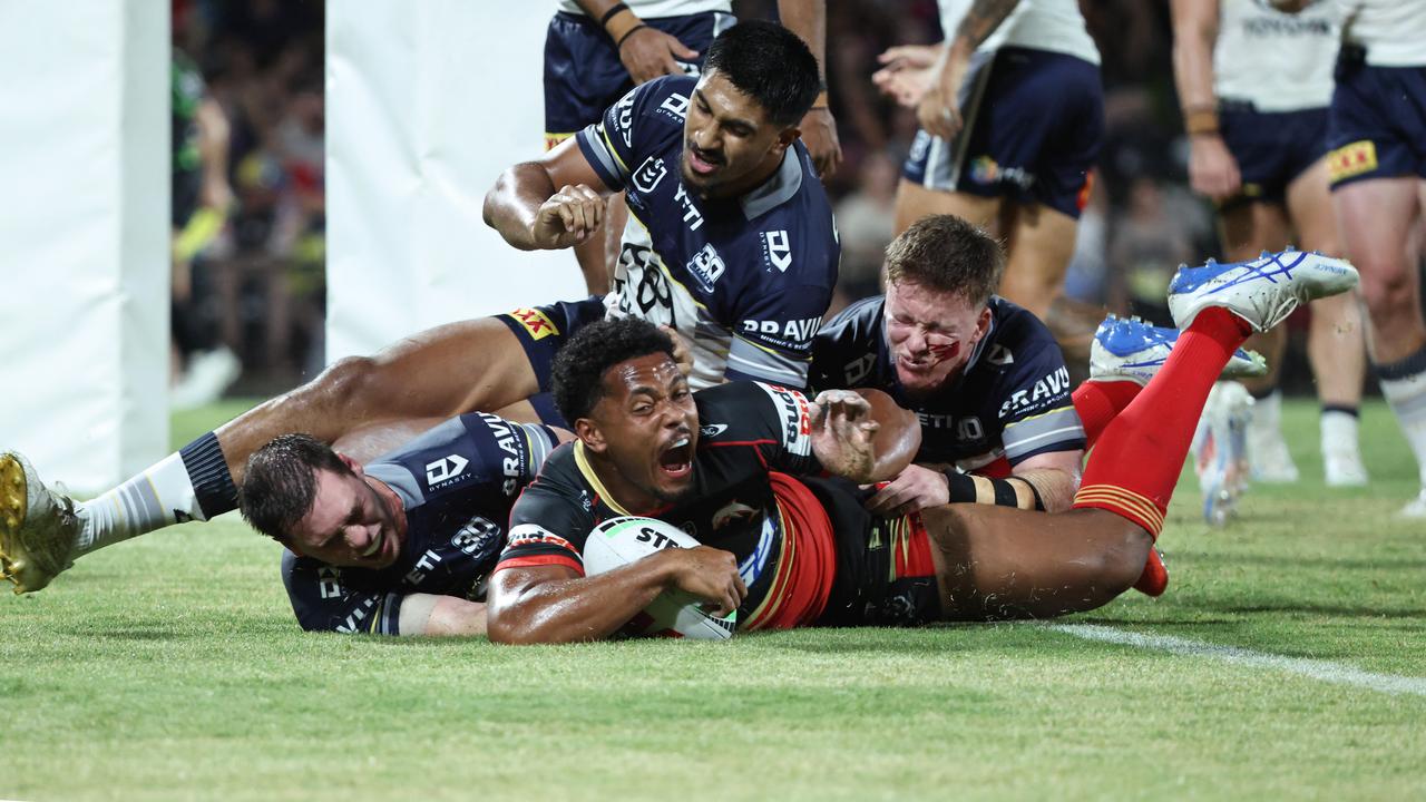 Michael Waqa scores a try for the Dolphins in the National Rugby League (NRL) pre season NRL match between the North Queensland Cowboys and the Dolphins, held at Barlow Park. Picture: Brendan Radke