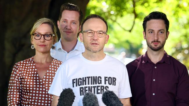 Senator Larissa Waters, Max Chandler-Mather, Adam Bandt and Stephen Bates during a press conference in Brisbane. Picture: Tertius Pickard