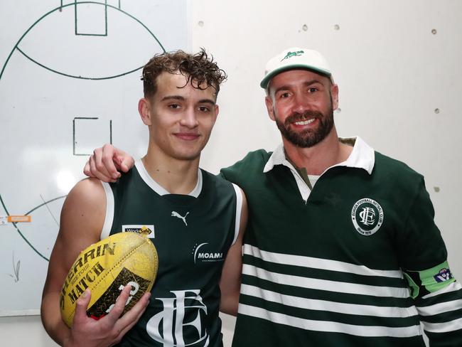 Cody Walker (left) with father Andrew (right) after a senior debut for Echuca last month. Picture: Yuri Kouzmin