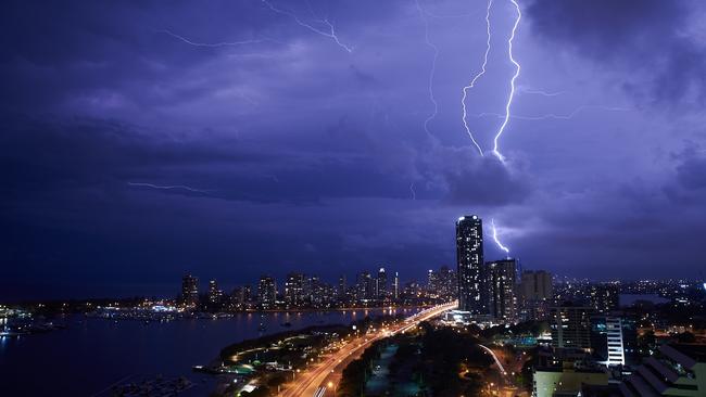 Lightning hits the Q1 in Surfers Paradise last year. Picture: Grant Bailey (follow on Instagram: grantbaileyphoto)